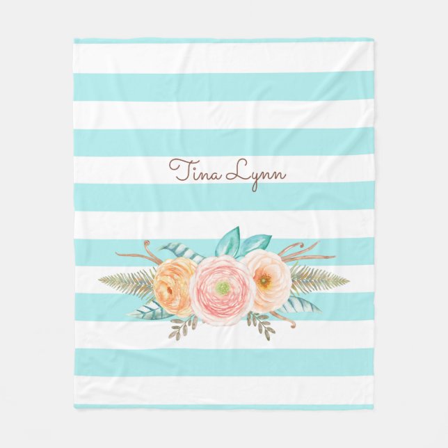 Chic Aqua Stripes Feminine Floral and Name Fleece Blanket (Front)