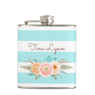 Chic Aqua Stripes Feminine Floral and Name Hip Flask