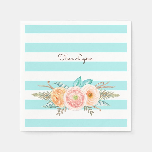 Chic Aqua Stripes Feminine Floral and Name Napkin (Front)