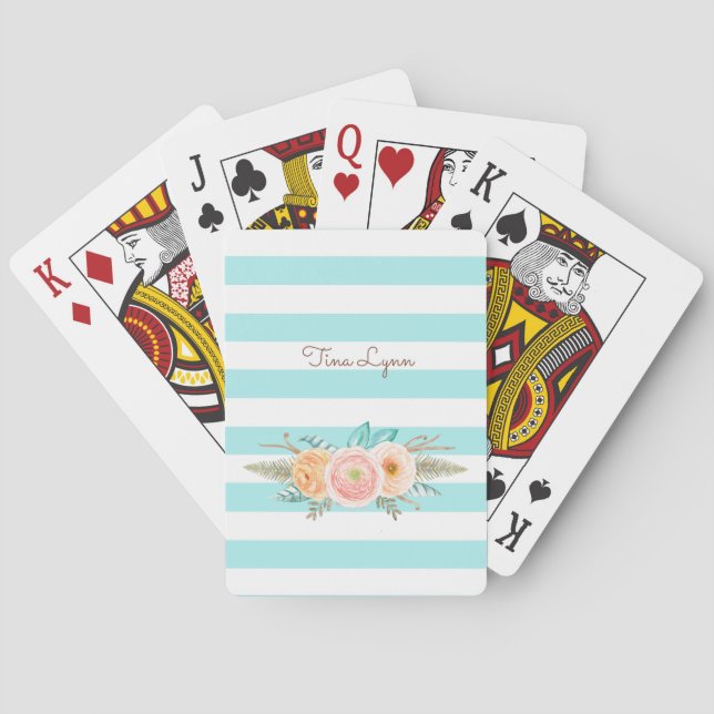 Chic Aqua Stripes Feminine Floral and Name Playing Cards (Back)