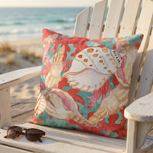 Chic Aqua Turquoise Coral Red Seashells Pattern Cushion