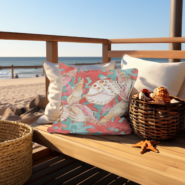 Chic Aqua Turquoise Coral Red Seashells Pattern Cushion (Creator Uploaded)