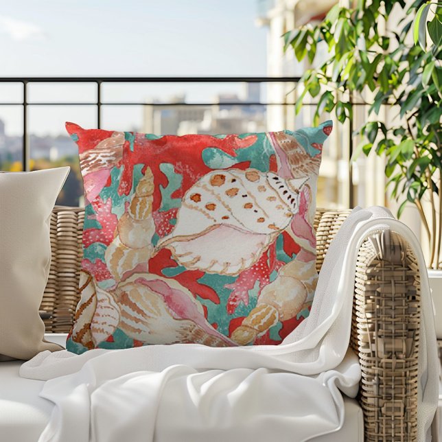 Chic Aqua Turquoise Coral Red Seashells Pattern Cushion (Creator Uploaded)