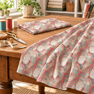 Chic Aqua Turquoise Coral Red Seashells Pattern Fabric