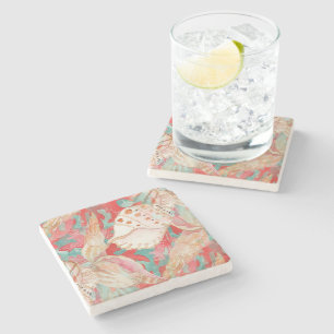 Chic Aqua Turquoise Coral Red Seashells Pattern Stone Coaster
