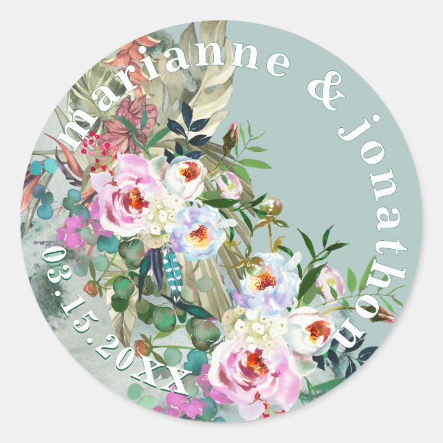 Chic Aquamarine Lush Watercolor Floral Classic Round Sticker (Front)