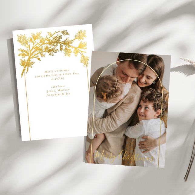 Chic Arch Photo Elegant Script Merry Christmas  Foil Holiday Card (Creator Uploaded)