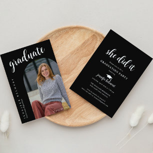 Chic Arch Photo She did it Hat Tassel Graduation Invitation