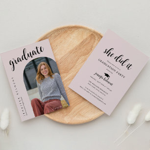 Chic Arch Photo She did it Hat Tassel Graduation Invitation