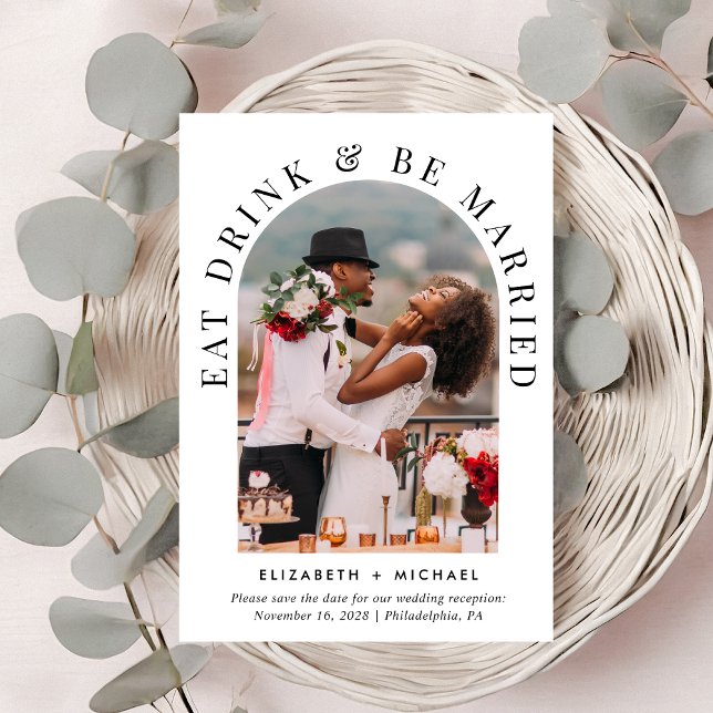 Chic Arch Photo Wedding Reception Save The Date (Celebrate your love story with a reception save the date showcasing your photo in an arch frame)