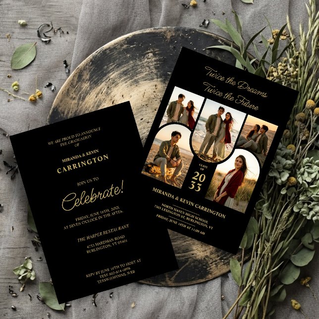 Chic Arched Collage Double Grads Twins TMF26 Invitation (Stylish Double Graduation Invitation with Five Arched Photo Placeholders and Luxury Gold Effect.)