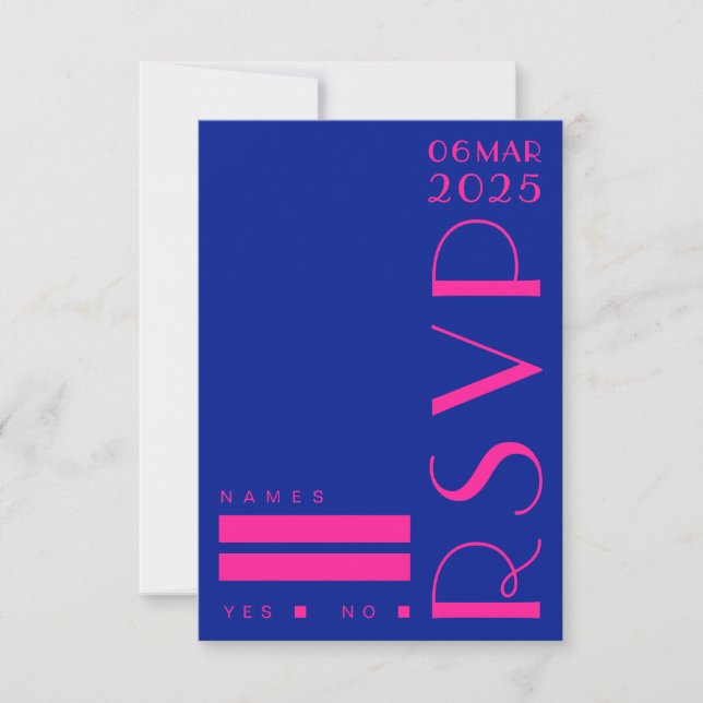 Chic Art Deco Blue Pink Retro Wedding RSVP Card (Front)