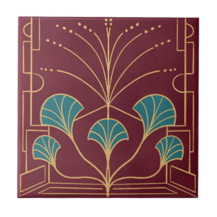 Chic Art deco cherry red fountain tile palms