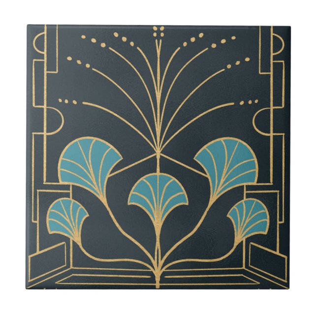 Chic Art deco fountain tile with teal blue palms (Front)