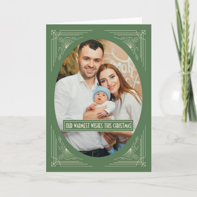 Chic Art Deco Green Frame Custom Photo Christmas H Holiday Card (Front)