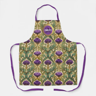 Chic art nouveau purple gold thistle monogram name apron