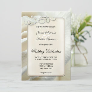 Chic Artistic Silver Ivory Rose Wedding Invitation