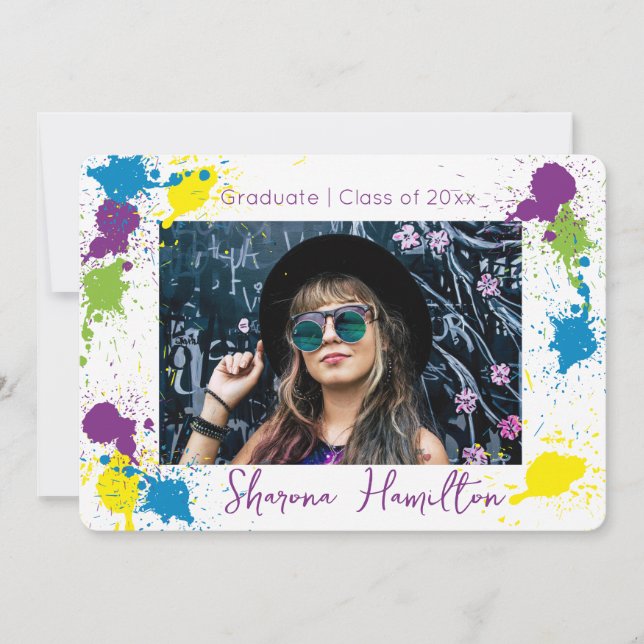 Chic Artistic Spatter Paint Grad Photo Invitation (Front)