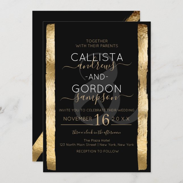 Chic Artsy Black Gold Brushstroke Frame Wedding Invitation (Front/Back)
