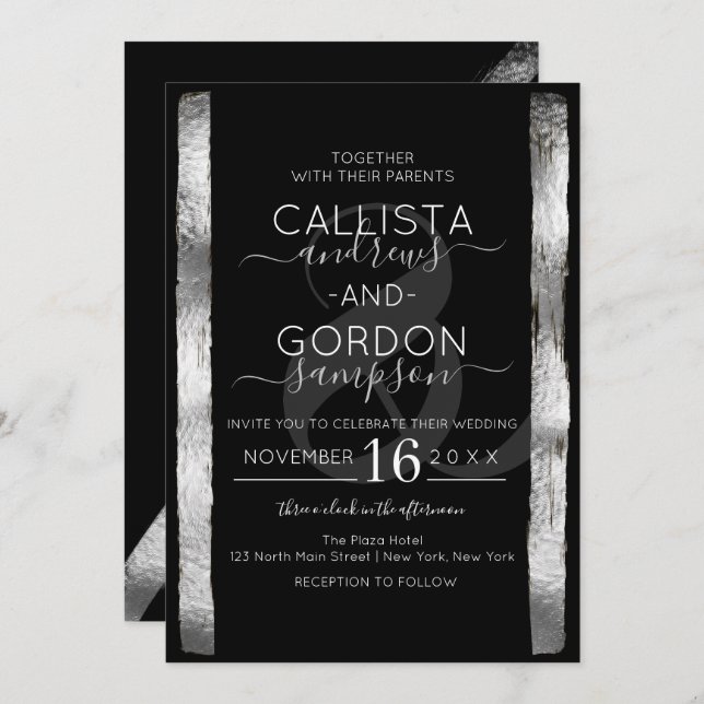 Chic Artsy Black Silver Brushstroke Frame Wedding Invitation (Front/Back)