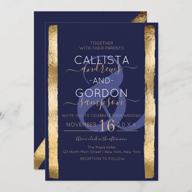 Chic Artsy Navy Gold Brushstroke Frame Wedding Invitation (Front/Back)