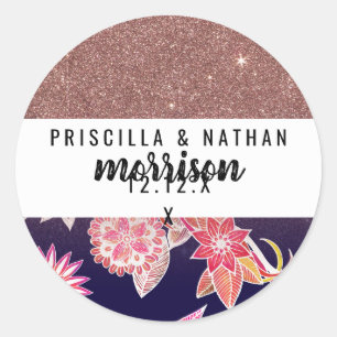 Chic Artsy Orange Blue Floral Rose Gold Glitter Classic Round Sticker
