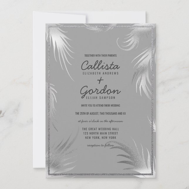Chic Artsy Silver Grey Leaf Glitter Border Wedding Invitation (Front)