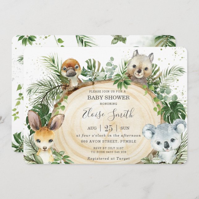 Chic Australian Animals Wood Greenery Baby Shower  Invitation (Front/Back)