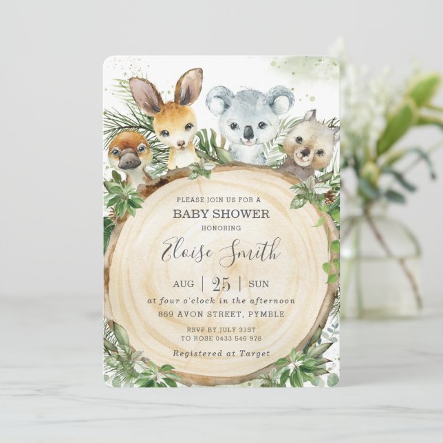 Chic Australian Animals Wood Greenery Baby Shower  Invitation (Standing Front)