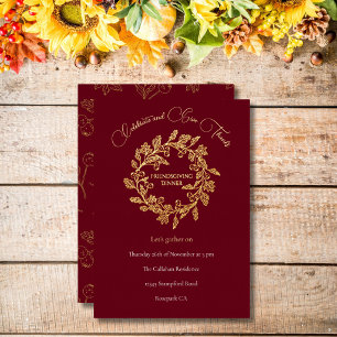 Chic Autumn Berry Wreath Dark Burgundy Design Gold Foil Holiday Card