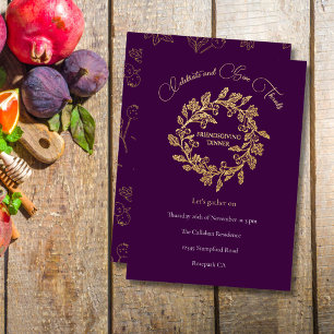 Chic Autumn Berry Wreath Dark Plum Gold Script Foil Holiday Card