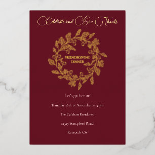 Chic Autumn Berry Wreath Dark Wine Friendsgiving Foil Holiday Card