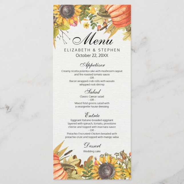 Chic Autumn Fall Maple Leaves Pumpkin Wedding Menu (Front)