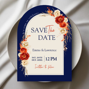 Chic Autumn Floral Orange Terracotta navy Wedding Save The Date