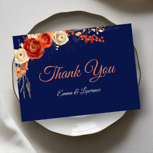 Chic Autumn Floral Orange Terracotta navy Wedding Thank You Card