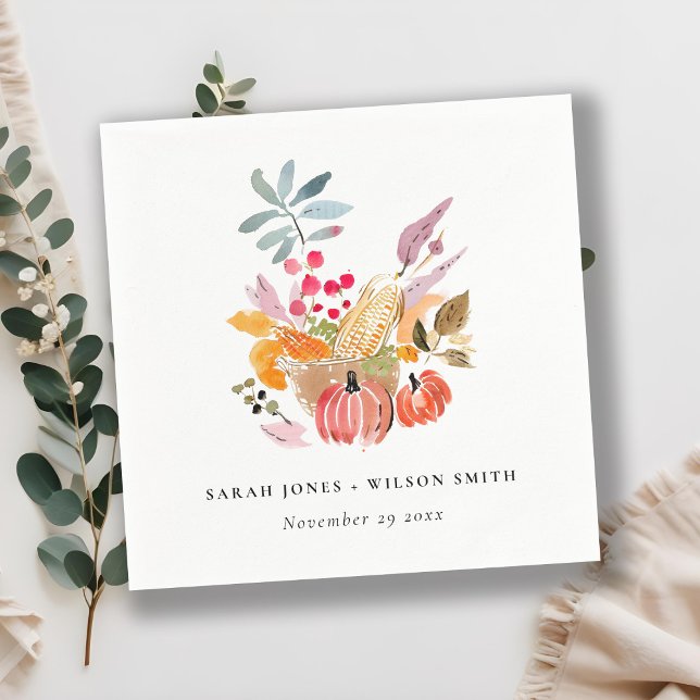 Chic Autumn Harvest Pumpkin Watercolor Wedding Napkin (Creator Uploaded)