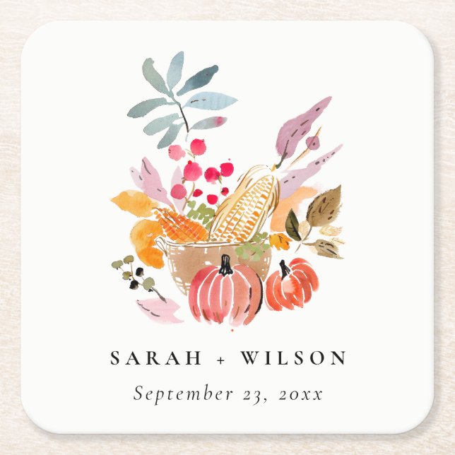 Chic Autumn Harvest Pumpkin Watercolor Wedding Square Paper Coaster (Front)