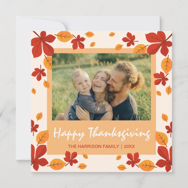 Chic Autumn Leaves Frame Thanksgiving Photo Holiday Card (Front)
