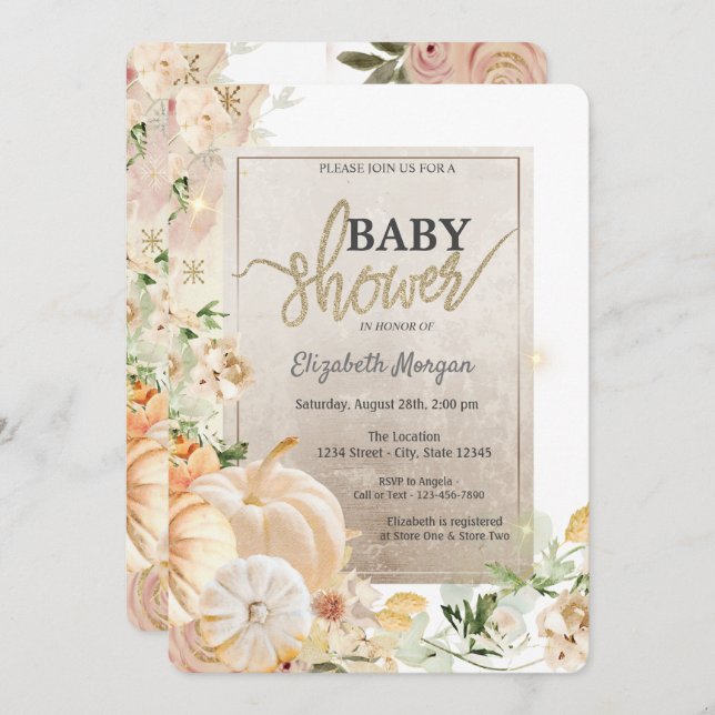 Chic Autumn Pumpkins Flowers Baby Shower  Invitation (Front/Back)