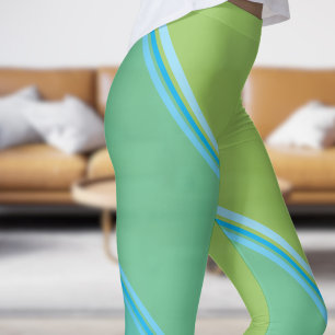 Chic Azure Blue under Pale Yellow Banded Print Leggings