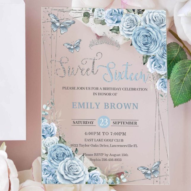 Chic Baby Blue Floral Butterflies Sweet Sixteen 16 Acrylic Invitations (beautiful sweet sixteen birthday acrylic invitation with baby blue roses floral and butterflies)
