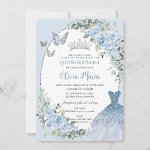 Chic Baby Blue Floral Dress Silver Quinceañera Invitation