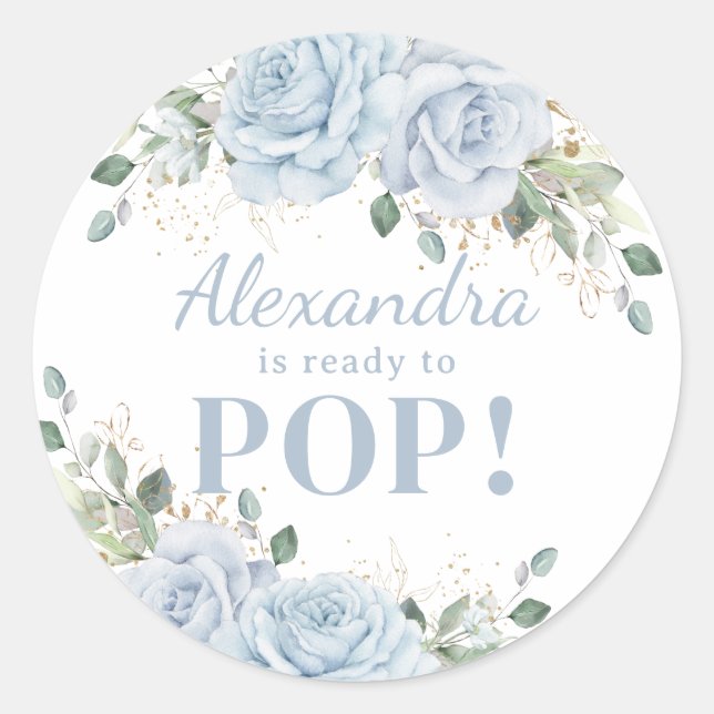 Chic Baby Blue Floral Gold Baby Boy Ready to Pop Classic Round Sticker (Front)