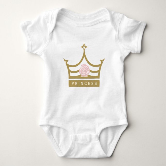 Chic Baby Pink Rose and Gold Princess Crown Baby Bodysuit (Front)
