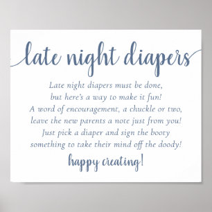 Chic Baby Shower Dusty Blue Late Night Diapers Poster