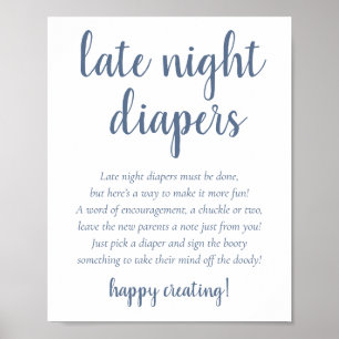 Chic Baby Shower Dusty Blue Late Night Diapers Poster
