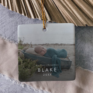 Chic Baby's First Christmas Newborn Photo Overlay Ceramic Ornament