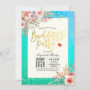 Chic Bachelorette Party Pink Floral Teal Gold Dots Invitation