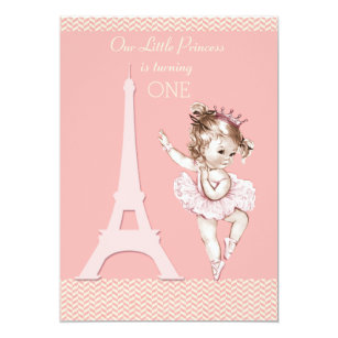 Chic Ballerina Eiffel Tower Chevrons 1st Birthday Invitation