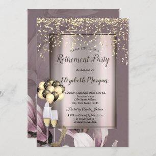 Chic Balloons,Gold Confetti Flowers Retirement Invitation